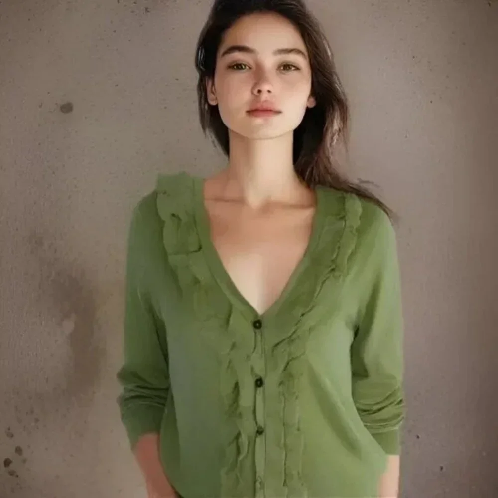 NWT Talbots Olive Sage Green Pima Cotton Ruffle V-Neck Cardigan Dress Sweater XS